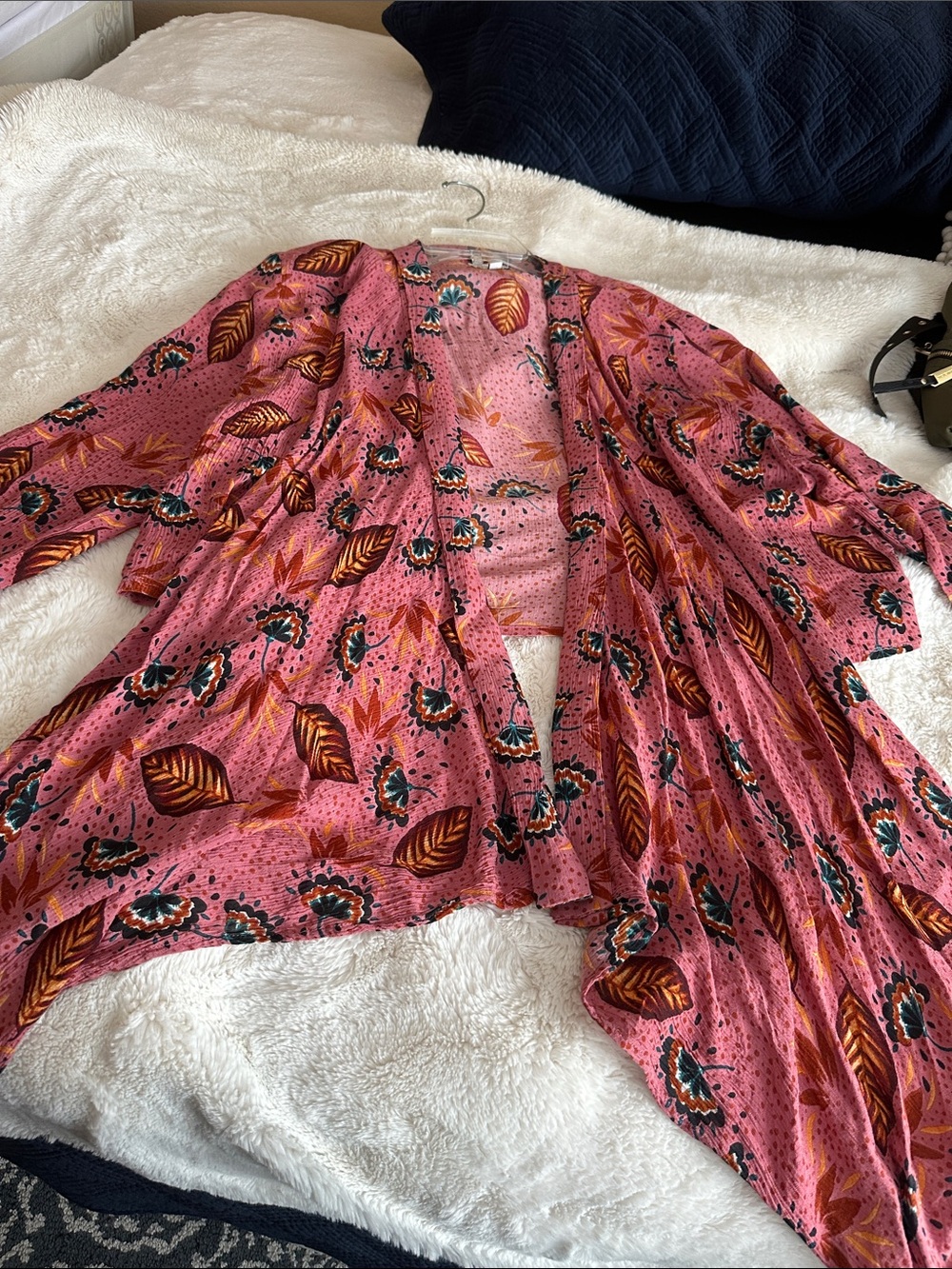 Patrons of Peace Pink Floral Leaf Open-Front Kimono